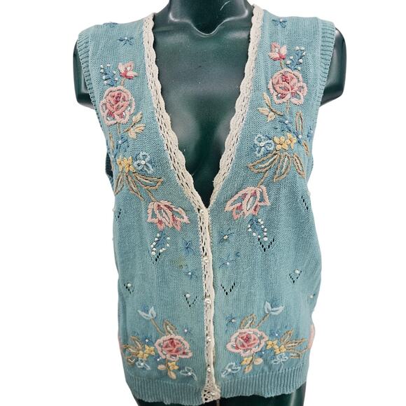 Vintage Koret Pastel Blue Cotton Crochet Floral Granny Sweater Vest S 3810 - Picture 1 of 10